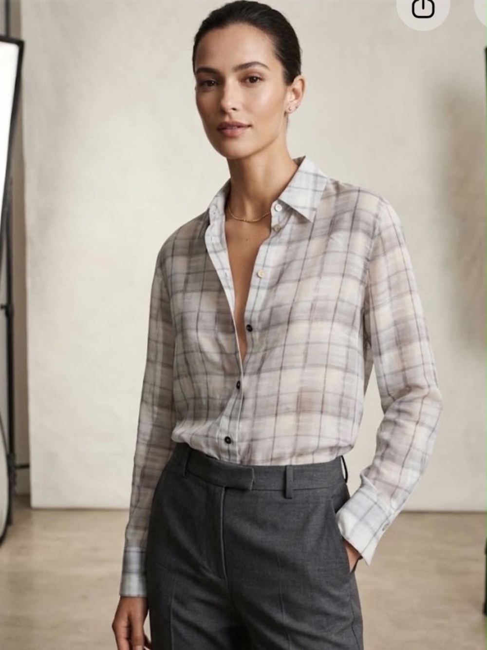 Vince 100% Silk Plaid Sheer Button Down Shirt Blouse Grey White XXS
